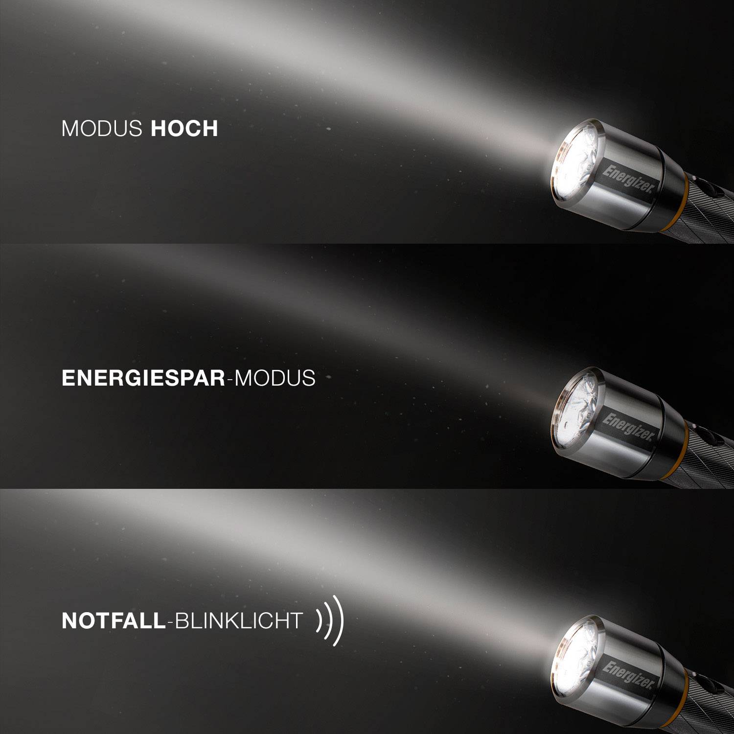 Taschenlampenanzeige mit drei Beleuchtungsmodi: 'Modus Hoch', 'Energiesparmodus' und 'Notfall-Blinklicht'.