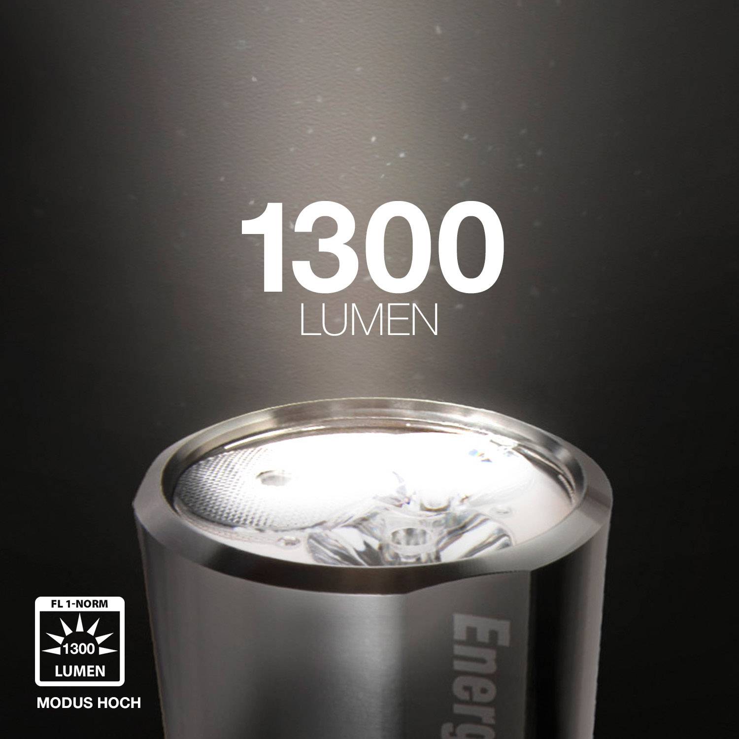 Taschenlampe mit 1300 Lumen, FL 1-Norm, Modus Hoch.