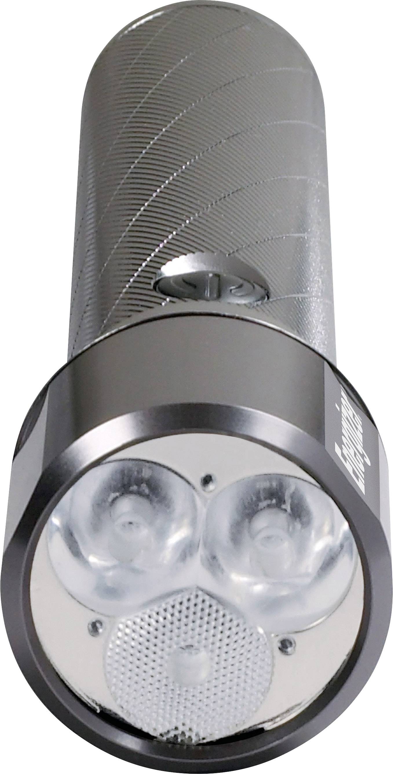 Graue Taschenlampe mit drei LED-Lichtern an der Vorderseite. Sie hat ein geriffeltes Gehäuse und eignet sich für den praktischen Gebrauch.