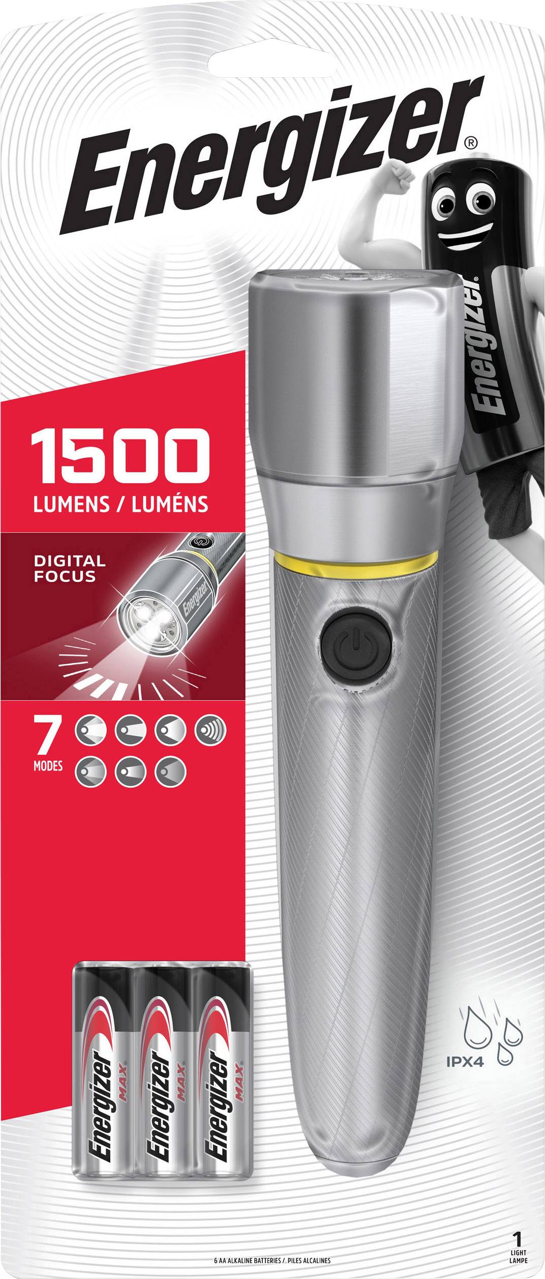Taschenlampe Energizer mit digitalem Fokus, 1500 Lumen, 7 Leuchtmodi. Enthält 4 AA-Batterien. Verpackung mit Produktabbildung.