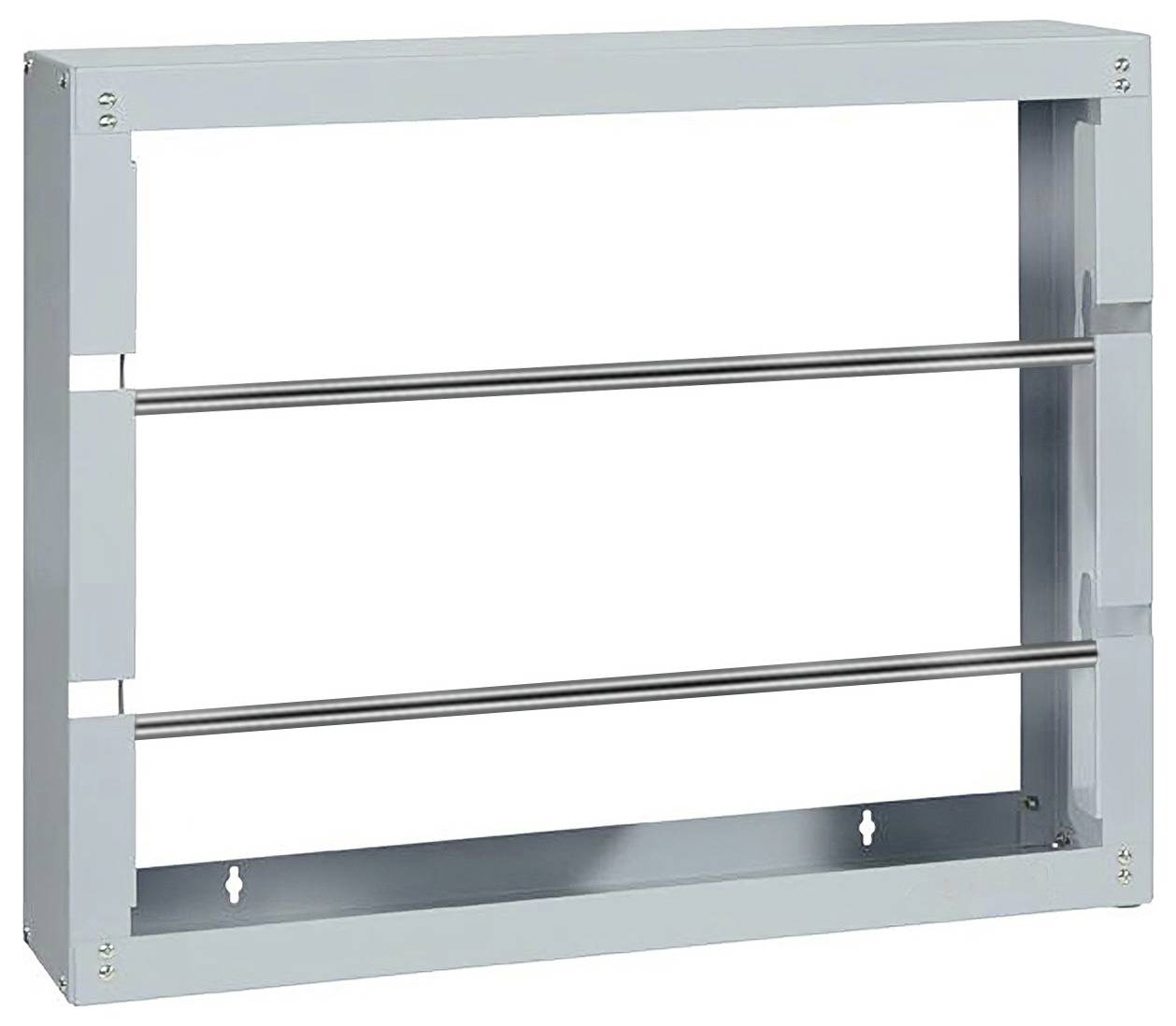 Metallischer rechteckiger Regalrahmen mit zwei horizontalen Stützstangen und Befestigungslöchern, dargestellt auf weißem Hintergrund.