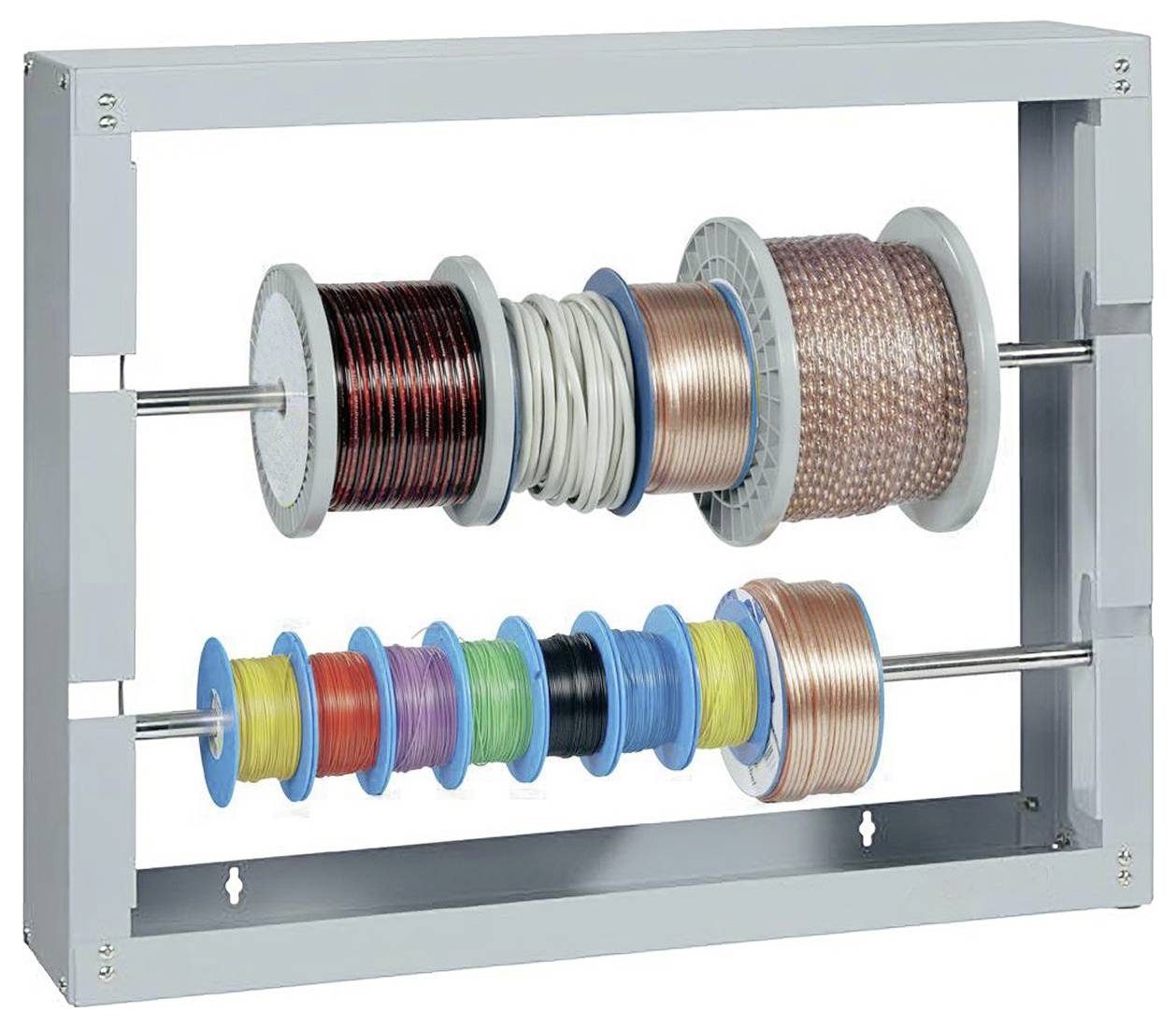 Metallgestell zur Aufbewahrung mehrerer Spulen mit Draht und Kabel in zwei Reihen.