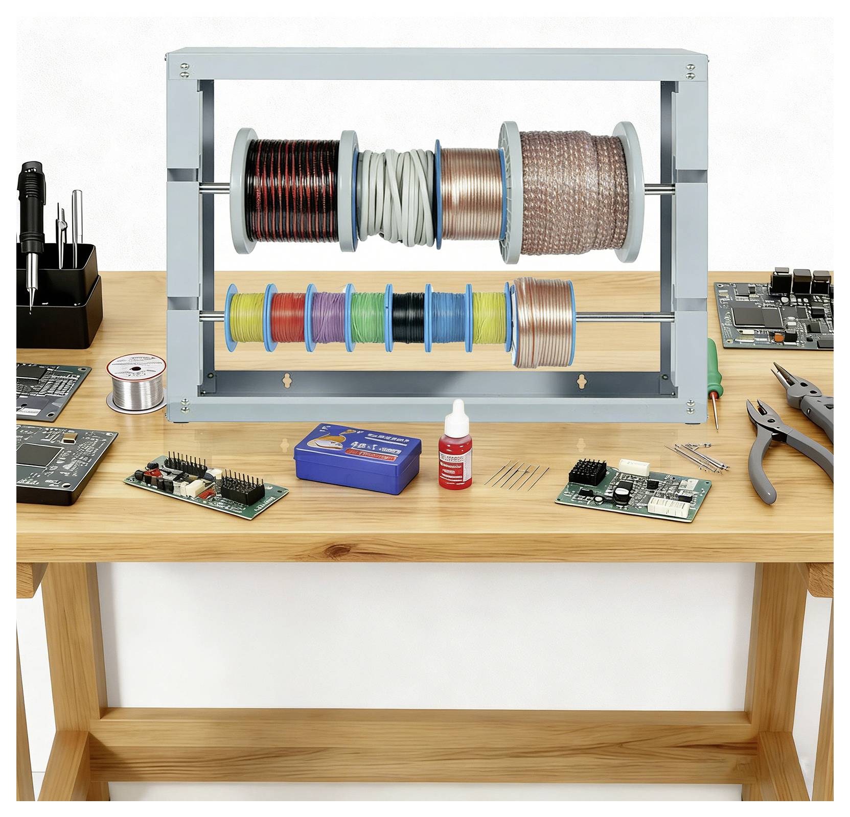 Elektronische Werkbank mit einer Spulenwickel-Demonstrationsvorrichtung, die mehrere Spulen mit isoliertem Draht hält, umgeben von Werkzeugen, Leiterplatten und Bauteilen.