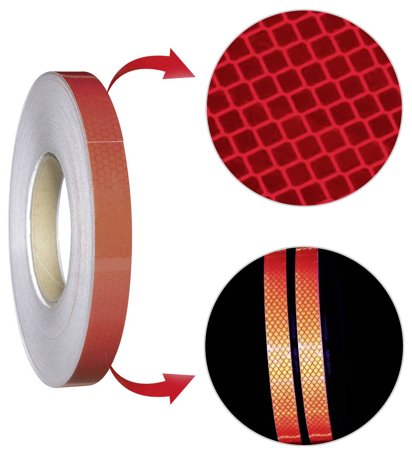 Rolle rotes Reflektierband mit Nahaufnahmen, die ein Wabensicherheitsmuster und einen reflektierenden Streifen auf einer dunklen Oberfläche zeigen.