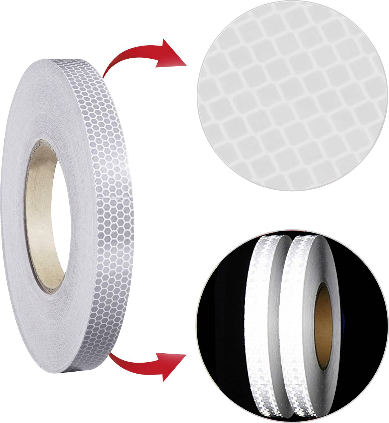 Rolle aus reflektierendem Klebeband mit Wabenmuster, dargestellt mit Nahaufnahme der Textur und Anwendung auf zwei umwickelten Streifen.