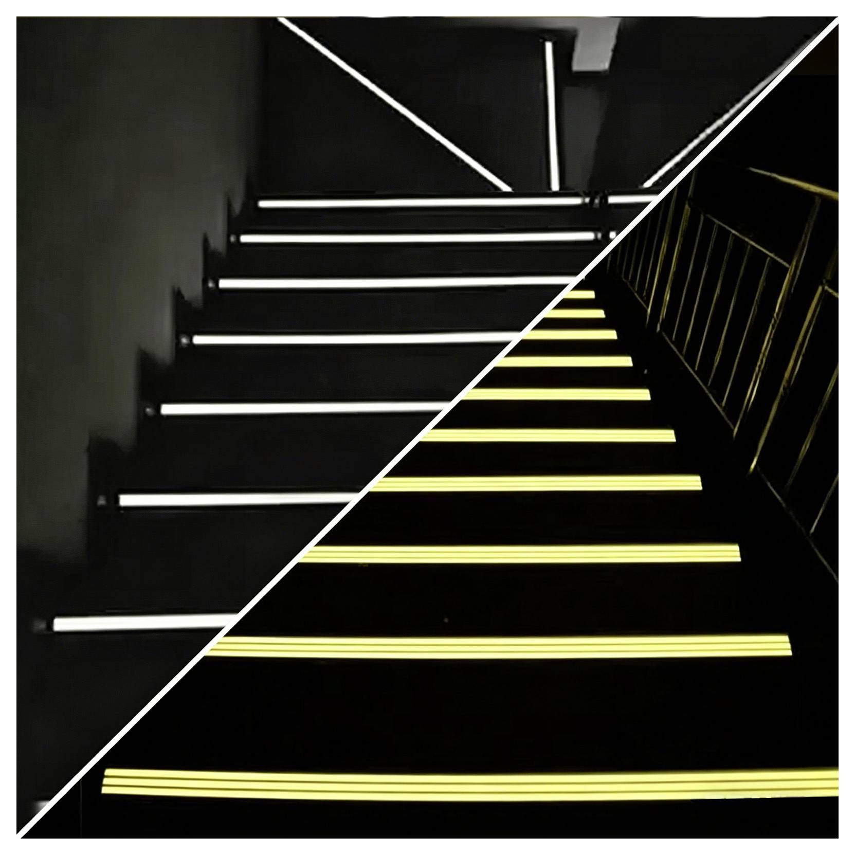 Geteilte Ansicht von beleuchteten Treppen: Links zeigt weiß beleuchtete Stufen in der Dunkelheit, rechts zeigt gelb beleuchtete Stufen mit einem Handlauf, getrennt durch eine diagonale Linie.