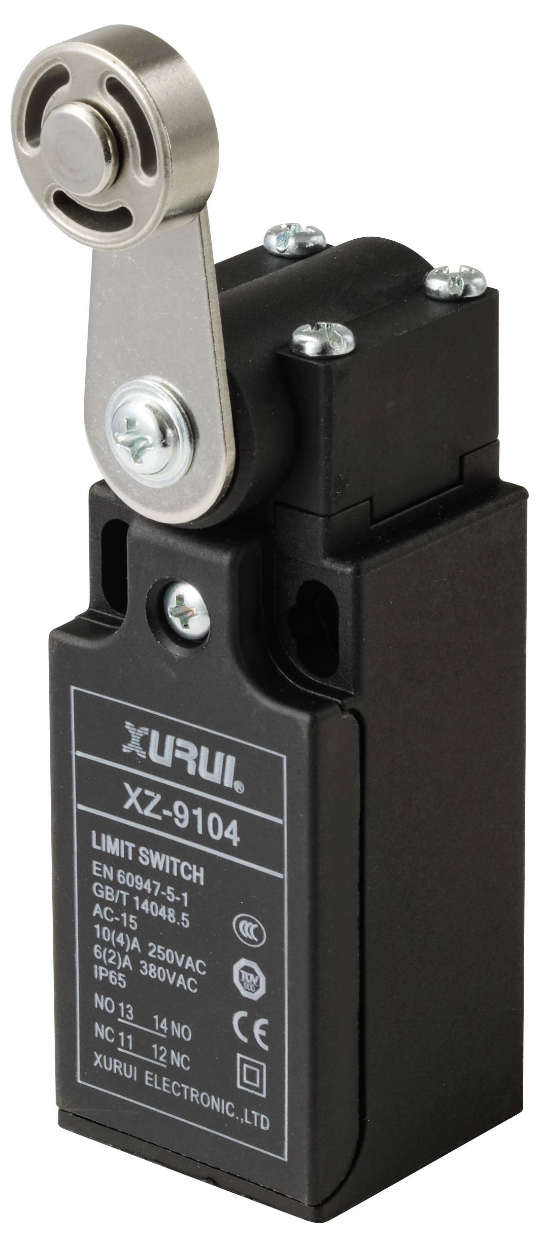 'XZURUI XZ-9104 Limit Switch' mit Hebelarm. Angaben: EU-Standard EN60947-5-1, IP65, 380VAC max. Hersteller: XURUI ELECTRONIC.LTD.