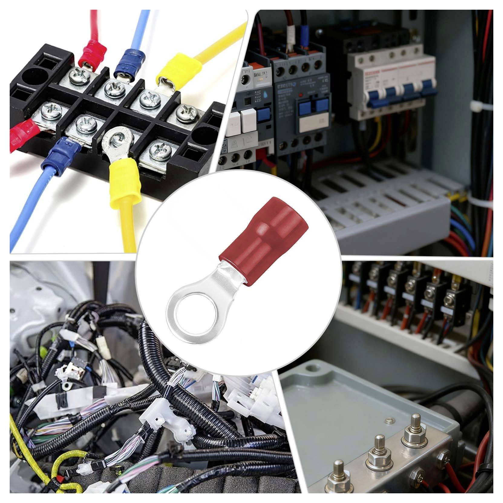 Collage von Elektrosteckern und Verkabelung in Schaltschränken, zentriert auf eine rote Ringklemme, die für sichere Kabelverbindungen verwendet wird.