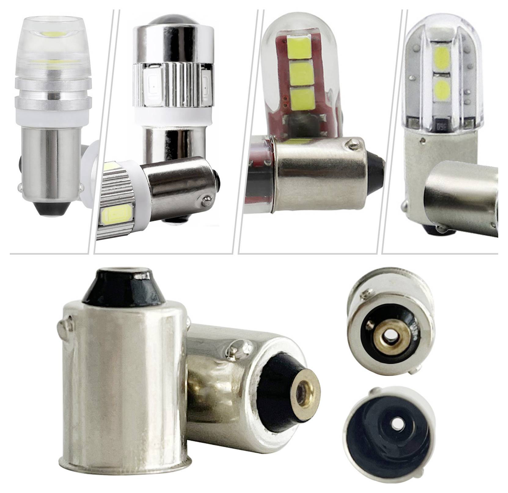 Verschiedene LED-Automobilleuchten aus verschiedenen Winkeln angezeigt, die ihre Formen und internen Komponenten hervorheben.