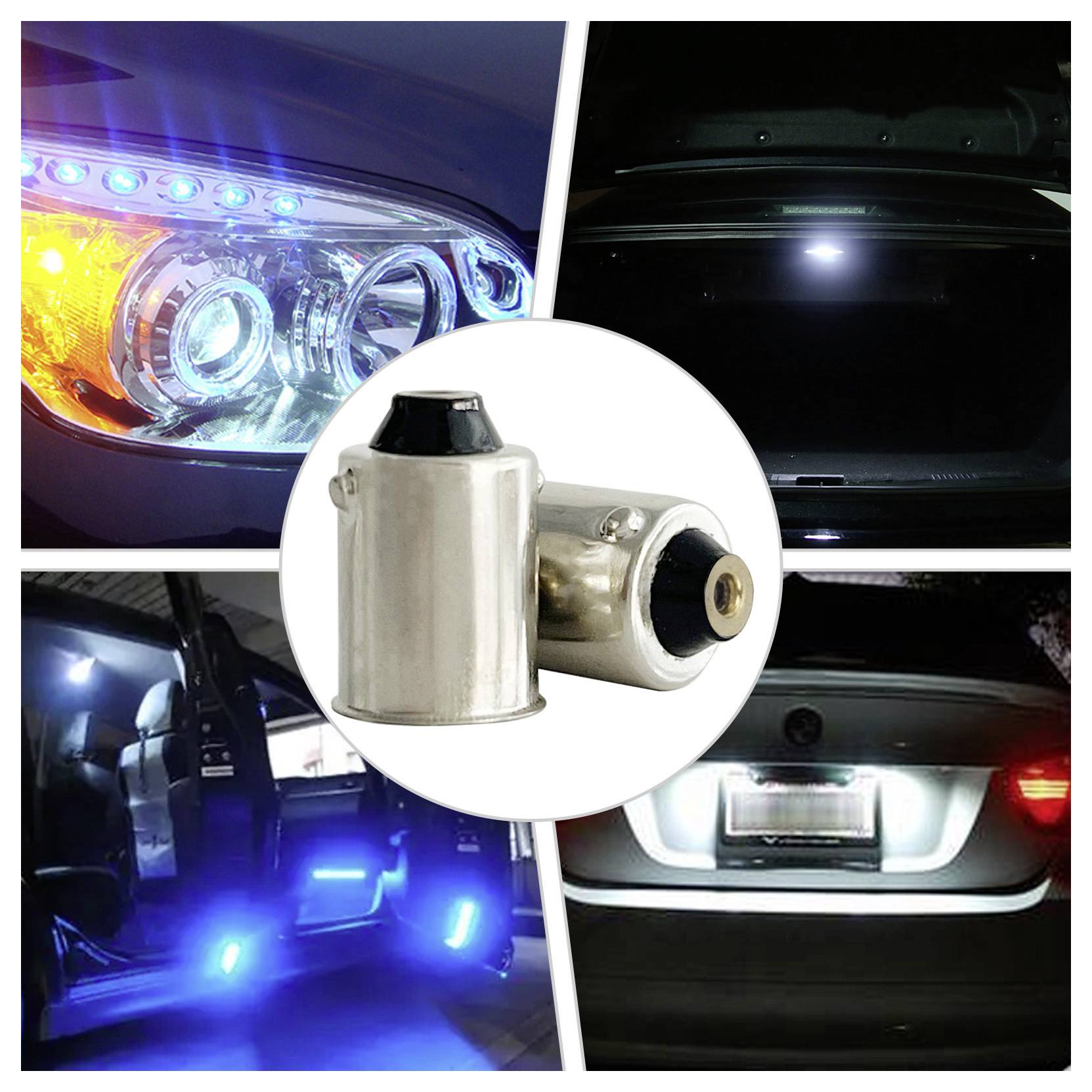 „Collage, die LED-Leuchten in Scheinwerfern, Innenraum und Kennzeichen zeigt, mit Nahaufnahme einer LED-Birne in der Mitte.