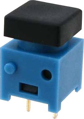 Ein blauer und schwarzer Taster mit zwei goldenen Anschlussstiften, verwendet für elektronische Schaltungen.