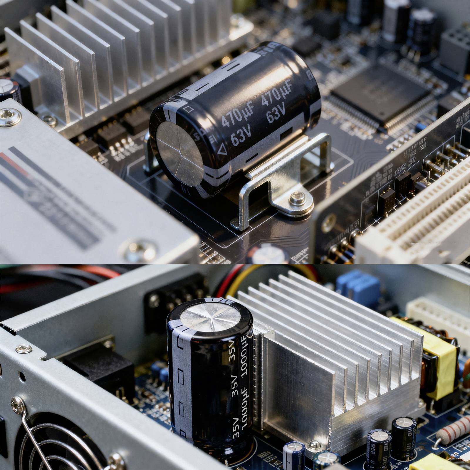 Nahaufnahme von zwei Elektronikplatinen, jeweils mit sichtbaren Kondensatoren und Kühlkörpern. Obere Platine hat einen Kondensator mit der Beschriftung '470μF 63V'; untere Platine hat einen Kondensator mit der Beschriftung '1500μF 35V'.