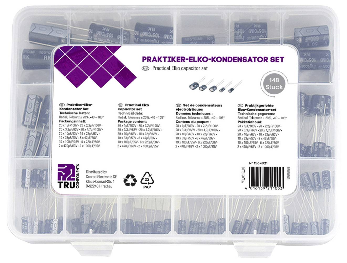 TRU Components Elektrolyt-Kondensator Sortiment radial bedrahtet 20 % 148 St.