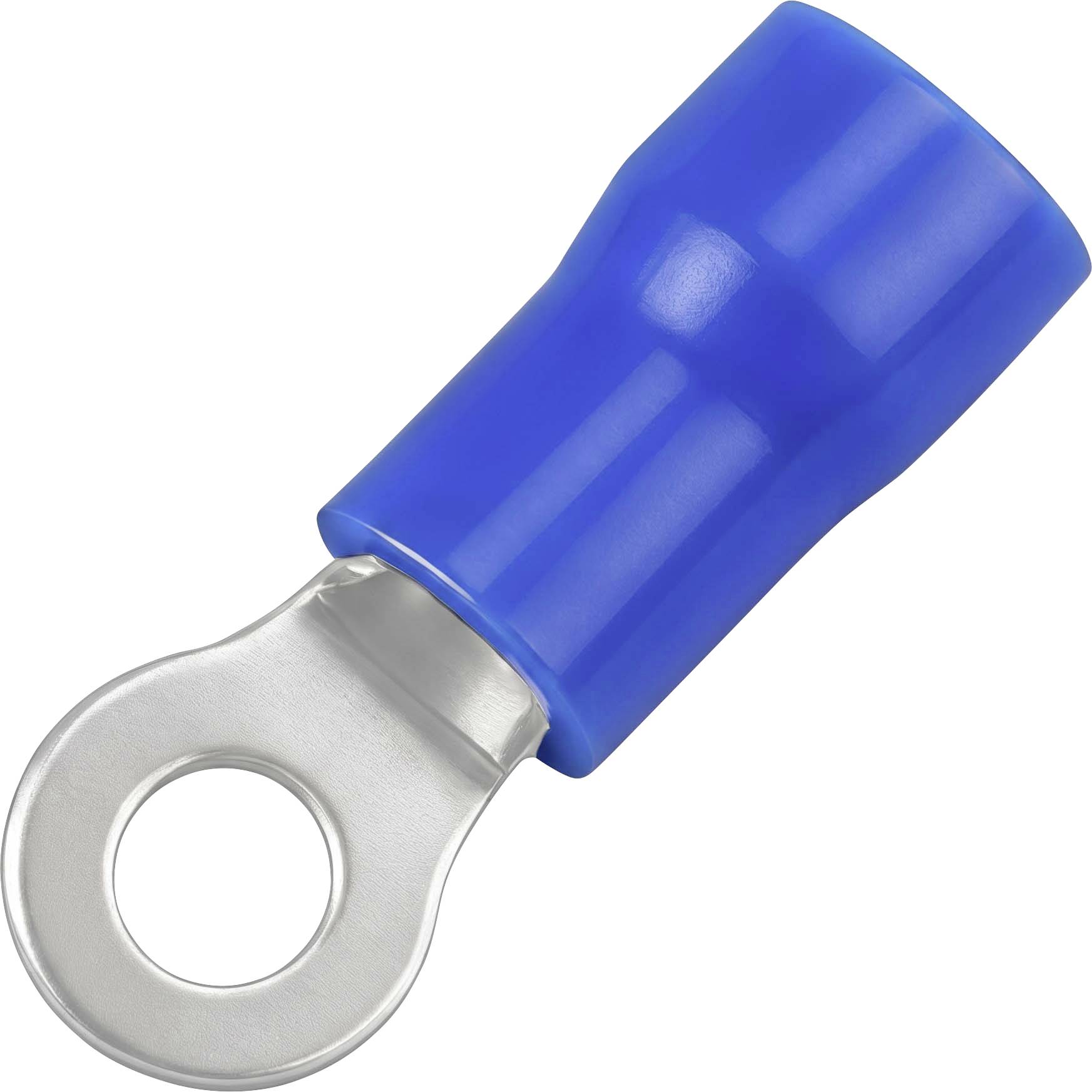 Blauer isolierter Ringkabelschuh mit silberfarbenem Metallauge zum Anschluss von Drähten an eine Schraube oder einen Bolzen.
