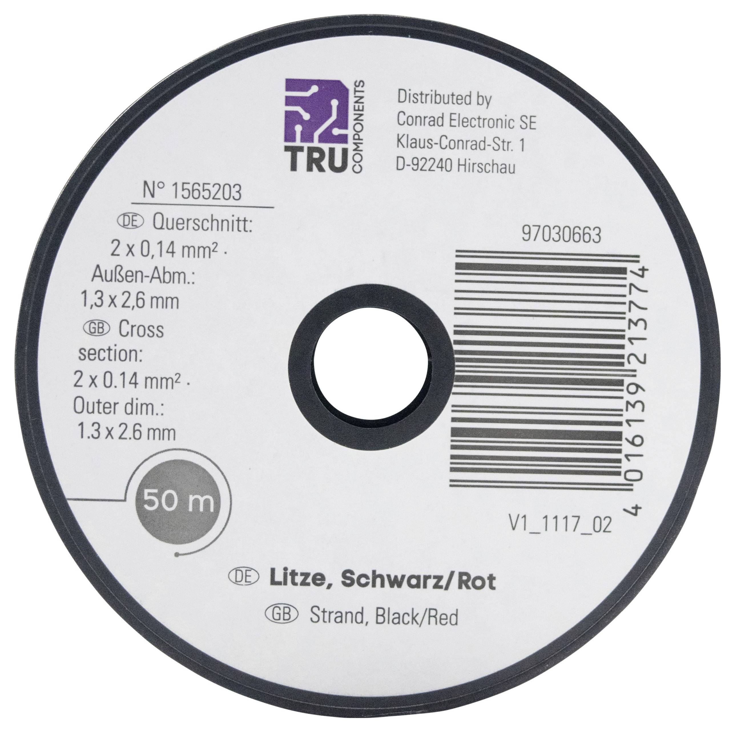 TRU Components 1565203 Litze 2 x 0.14mm² Schwarz, Rot 50m