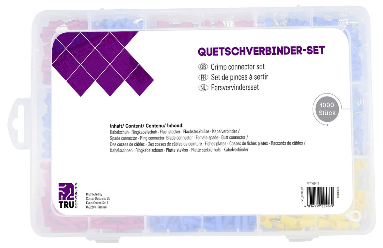 Kunststoffbox mit sortiertem Quetschverbinder-Set, gekennzeichnet mit 