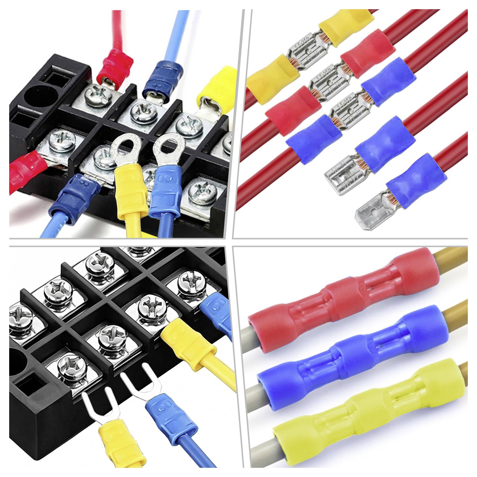 Kollage mit Bildern von Elektrokabelverlindungen und Klemmblöcken mit roten, blauen und gelben isolierten Crimpklemmen, die an Drähten angebracht sind.