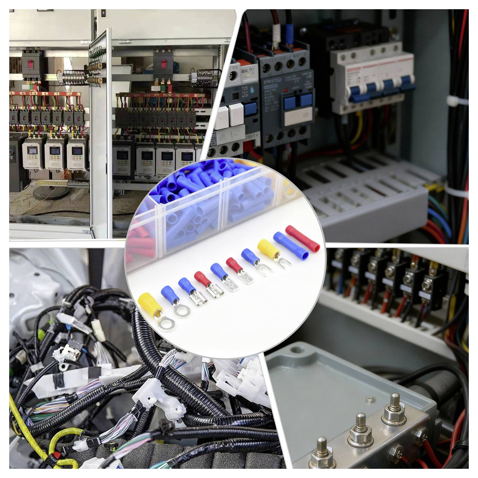 Collage aus Stromverteilertafeln und Verkabelung, mit Leistungsschaltern, Klemmenleisten, Kabelsträngen und verschiedenen Steckverbindern.