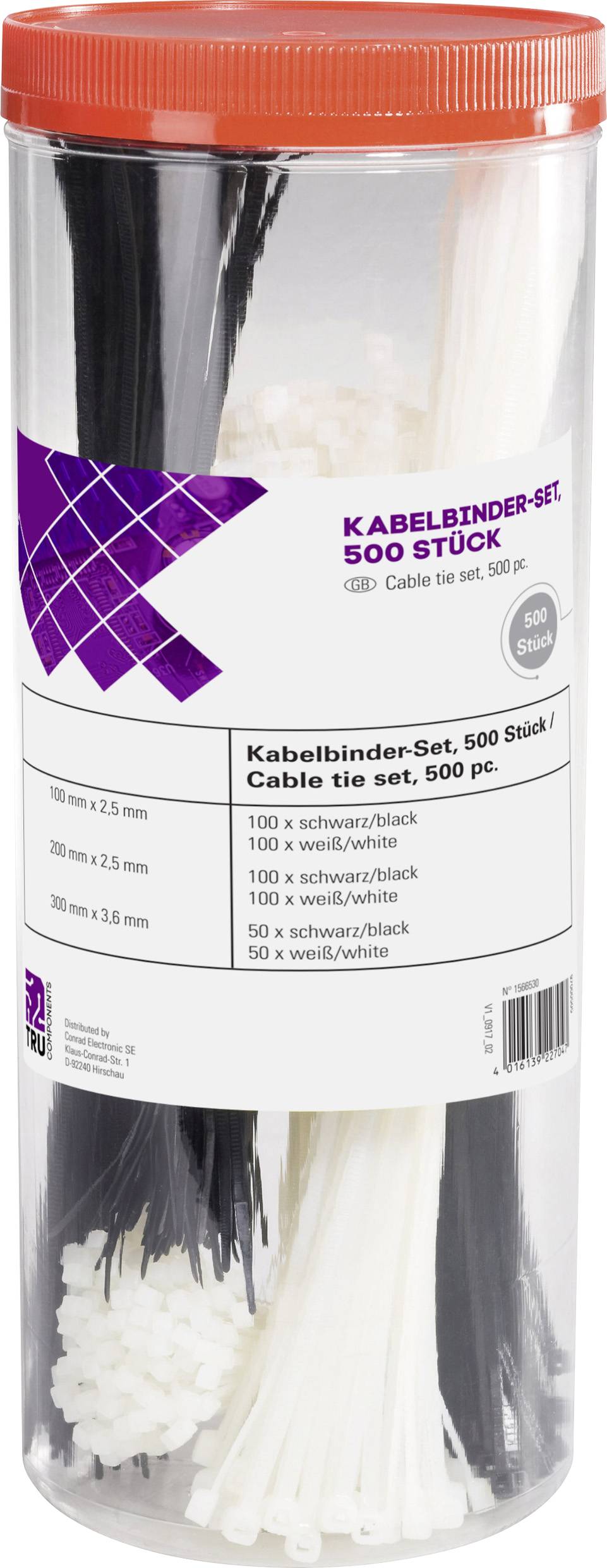 TRU Components 1566530 Kabelbinder 100 mm, 200 mm, 300 mm 3.60 mm Schwarz, Natur 500 St.