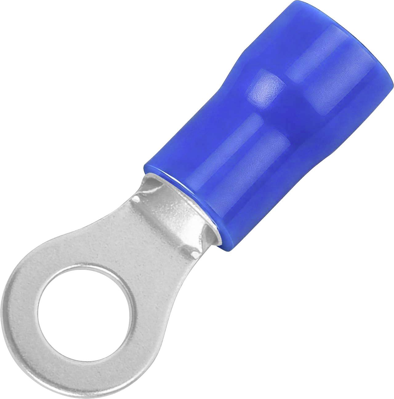 Blauer isolierter Ringanschluss-Stecker mit metallischer Öse zum Anschließen von Drähten an eine Schraube oder einen Bolzen.