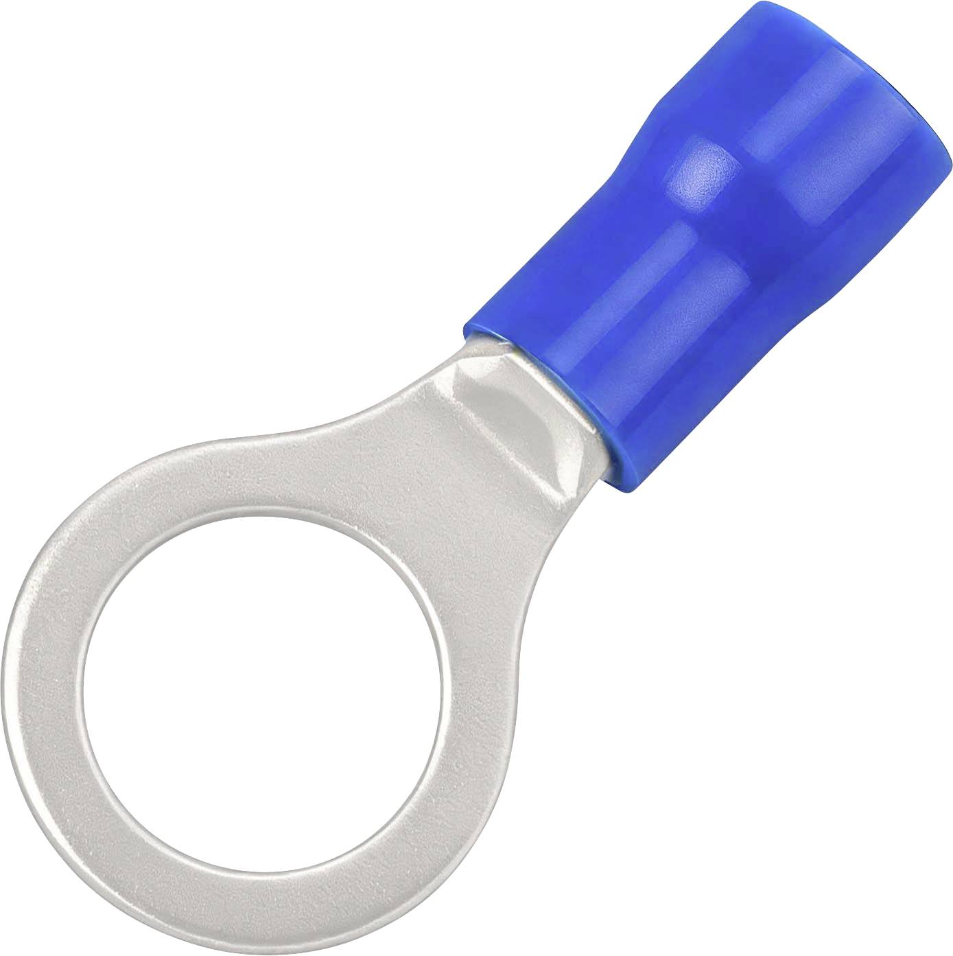 Blau isolierter Ringösen-Steckverbinder mit kreisförmiger Metallauge für Verdrahtungsverbindungen auf weißem Hintergrund