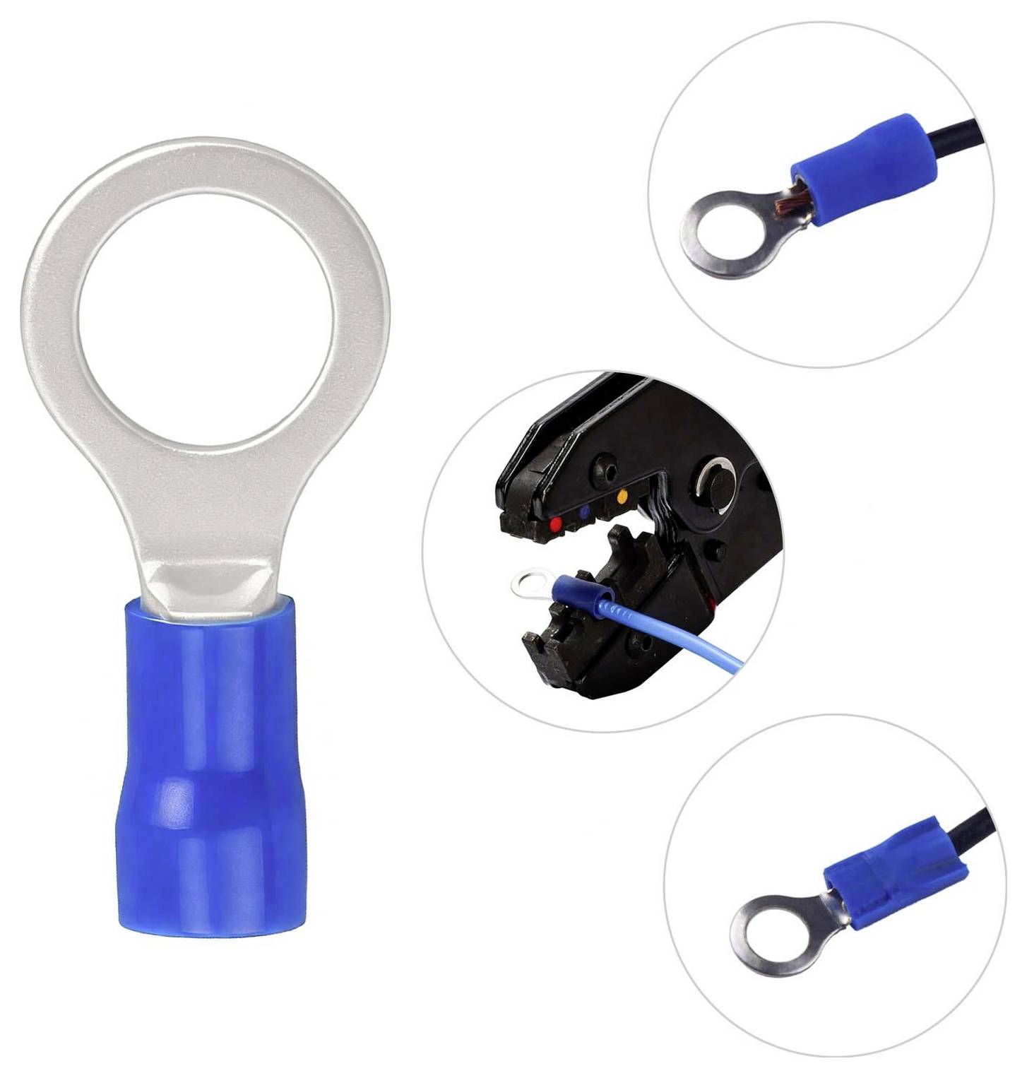 Blauer isolierter Ringkabelschuh mit gekrempelten Drahtenden und Beispiel eines Crimpwerkzeugs.