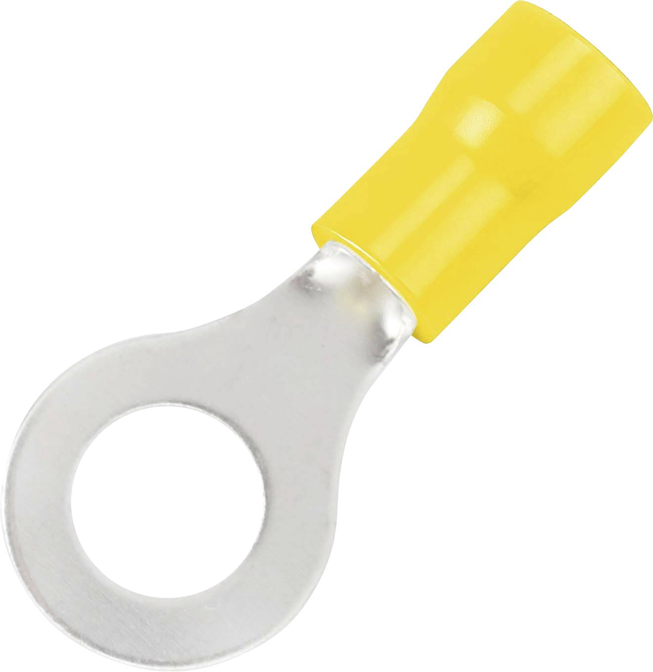 Gelb isolierter Ringösenverbinder mit metallischer kreisförmiger Ose zum Befestigen eines Drahtes an einer Schraube oder einem Bolzen.