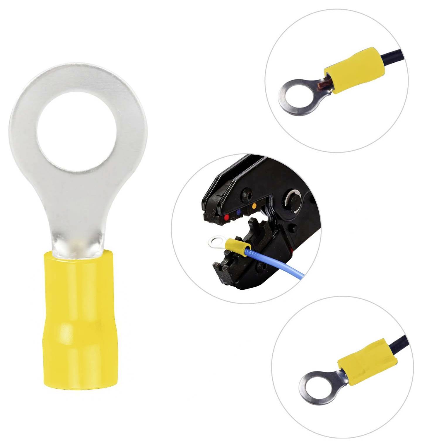 Gelb isolierter Ringkabelschuh-Elektrostecker mit Nahaufnahmen von crimped Drahtenden und einem Crimpwerkzeug in Gebrauch.