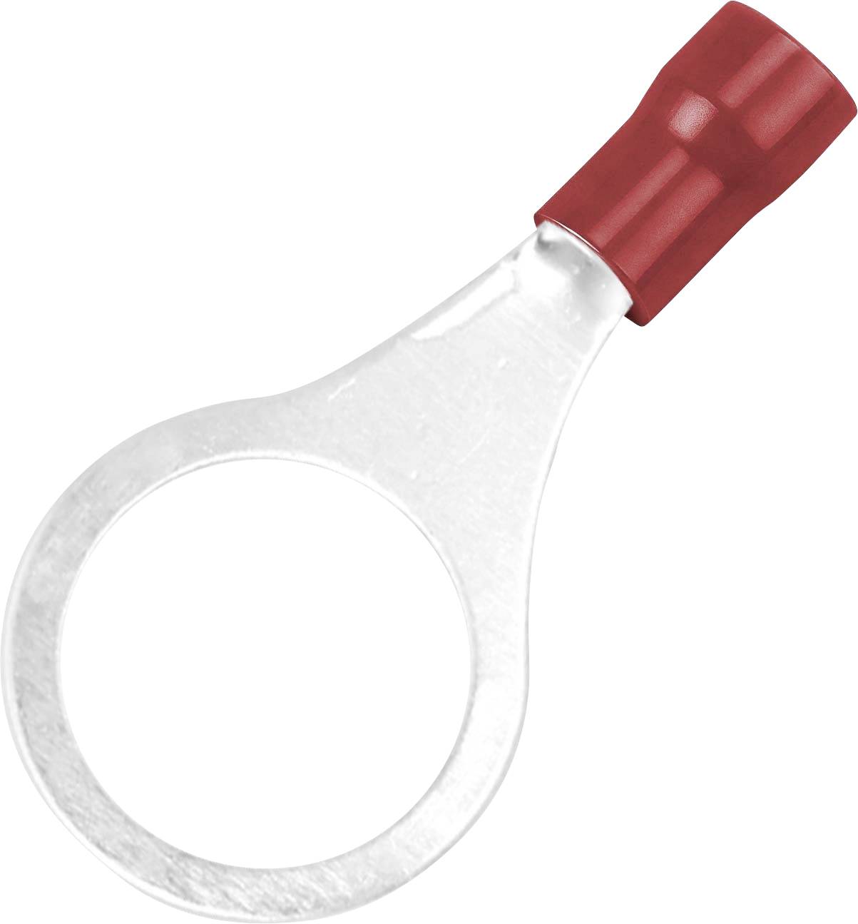 Ein roter isolierter Ringkabelschuh mit einer kreisförmigen Metallöse auf weißem Hintergrund.