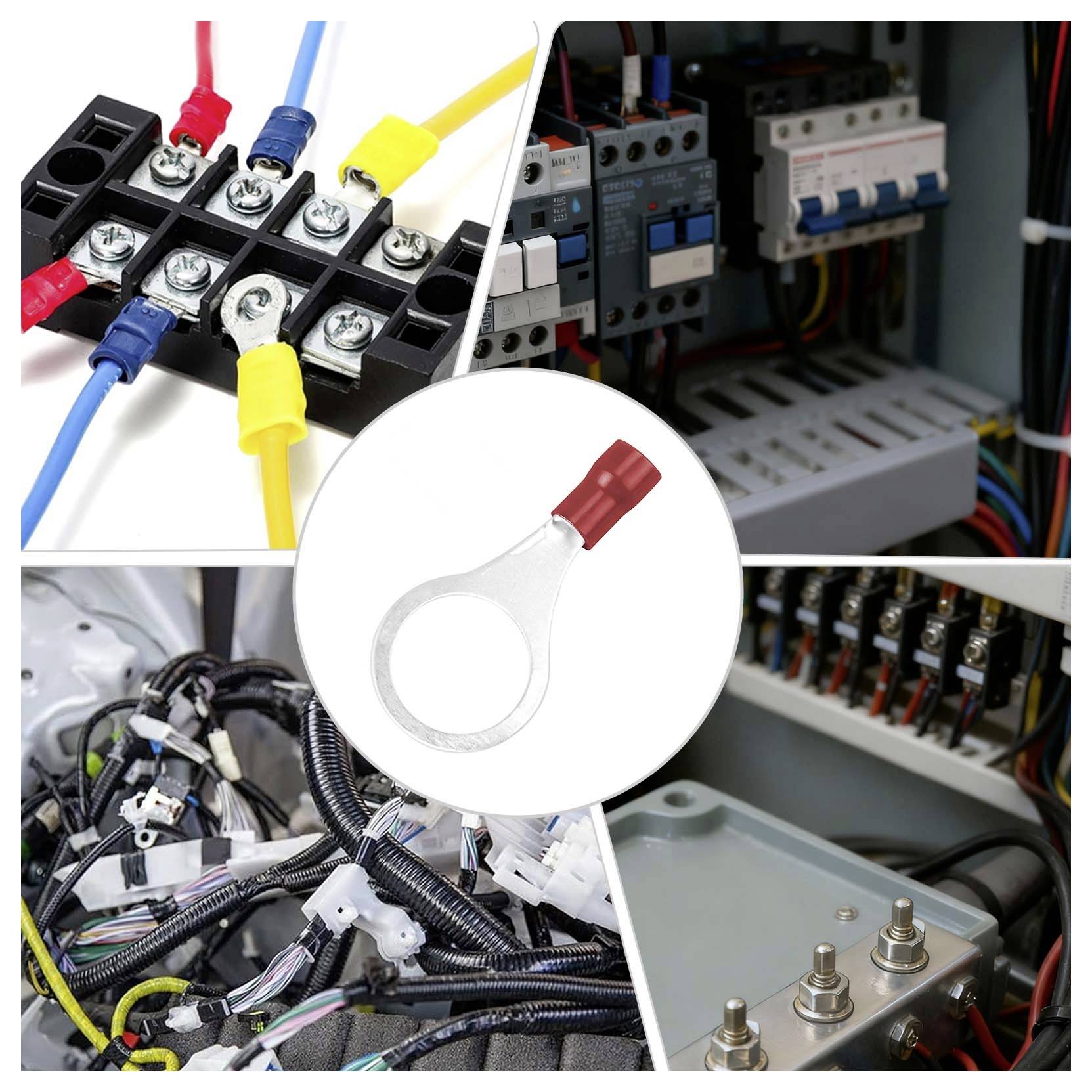 Collage von Stromleiter-Klemmen, Steckverbindern und Kabelschläuchen mit einer zentrierten Ringöse, das Teile der industriellen Elektromontage zeigt.