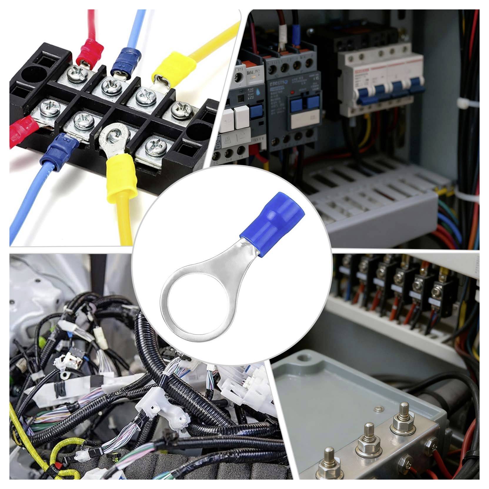Collage aus elektrischen Leitungen und Klemmen mit Ringklemme, das Kabelverbindungen in Schalttafeln und Fahrzeug-Kabelschächten zeigt.
