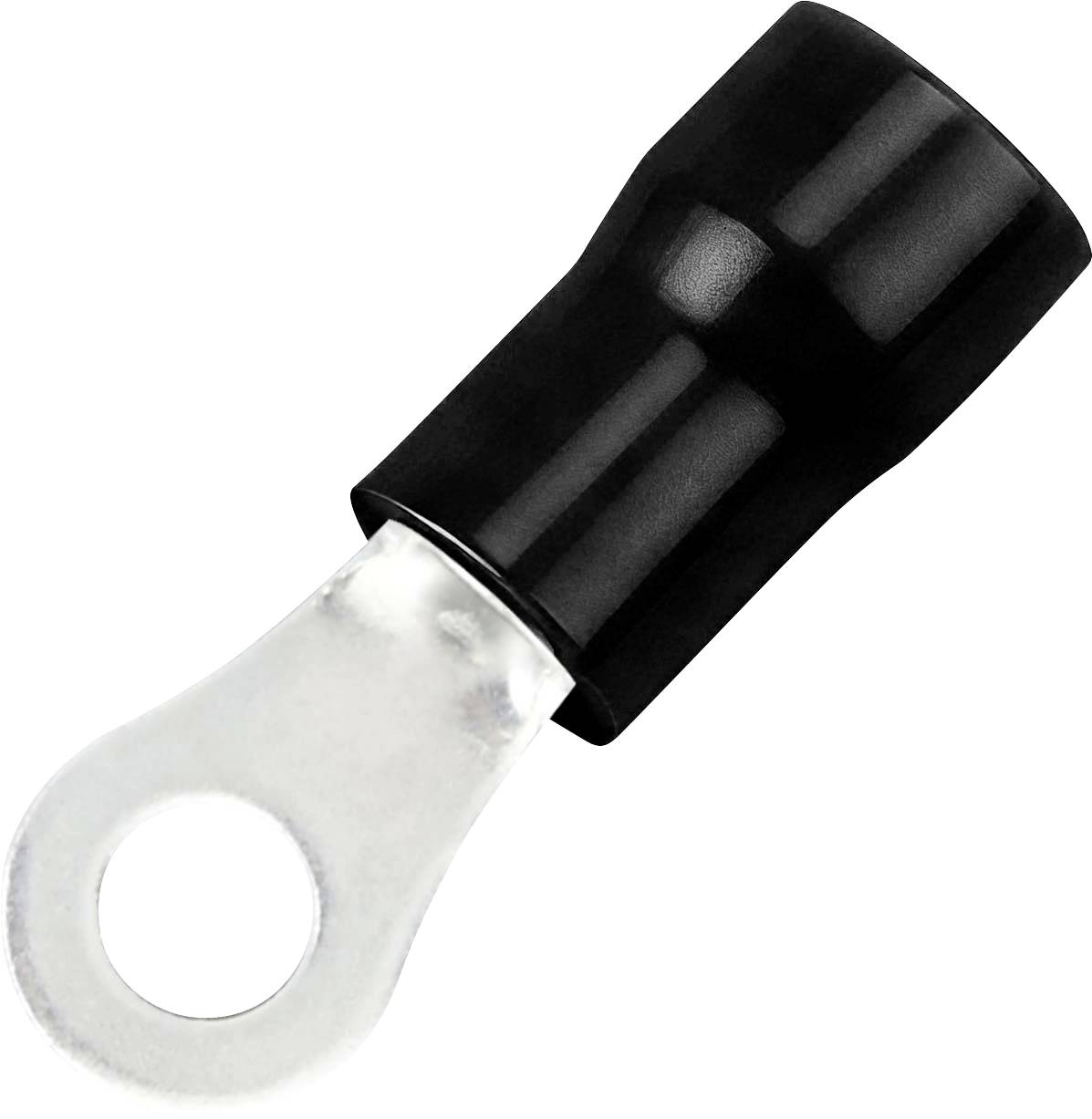Schwarze isolierte Ringklemme mit silberner Metallöse und rundem Ösenende