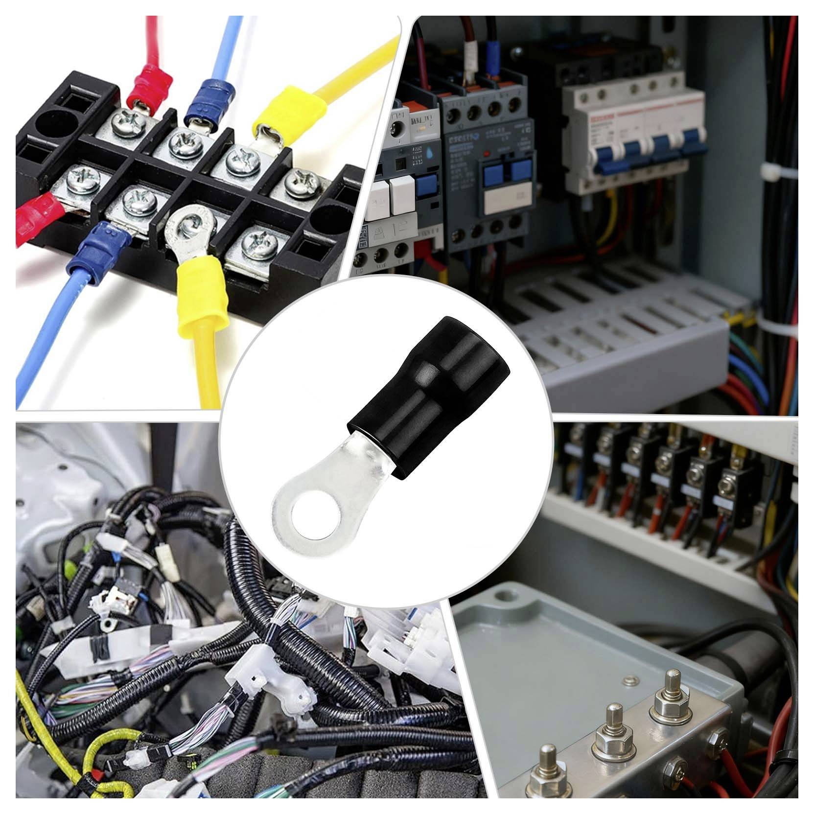 Collage mit isolierten elektrischen Ringösen und Verkabelung in Schaltschränken, die sichere Schraubklemmenverbindungen und Kabelstränge hervorhebt.