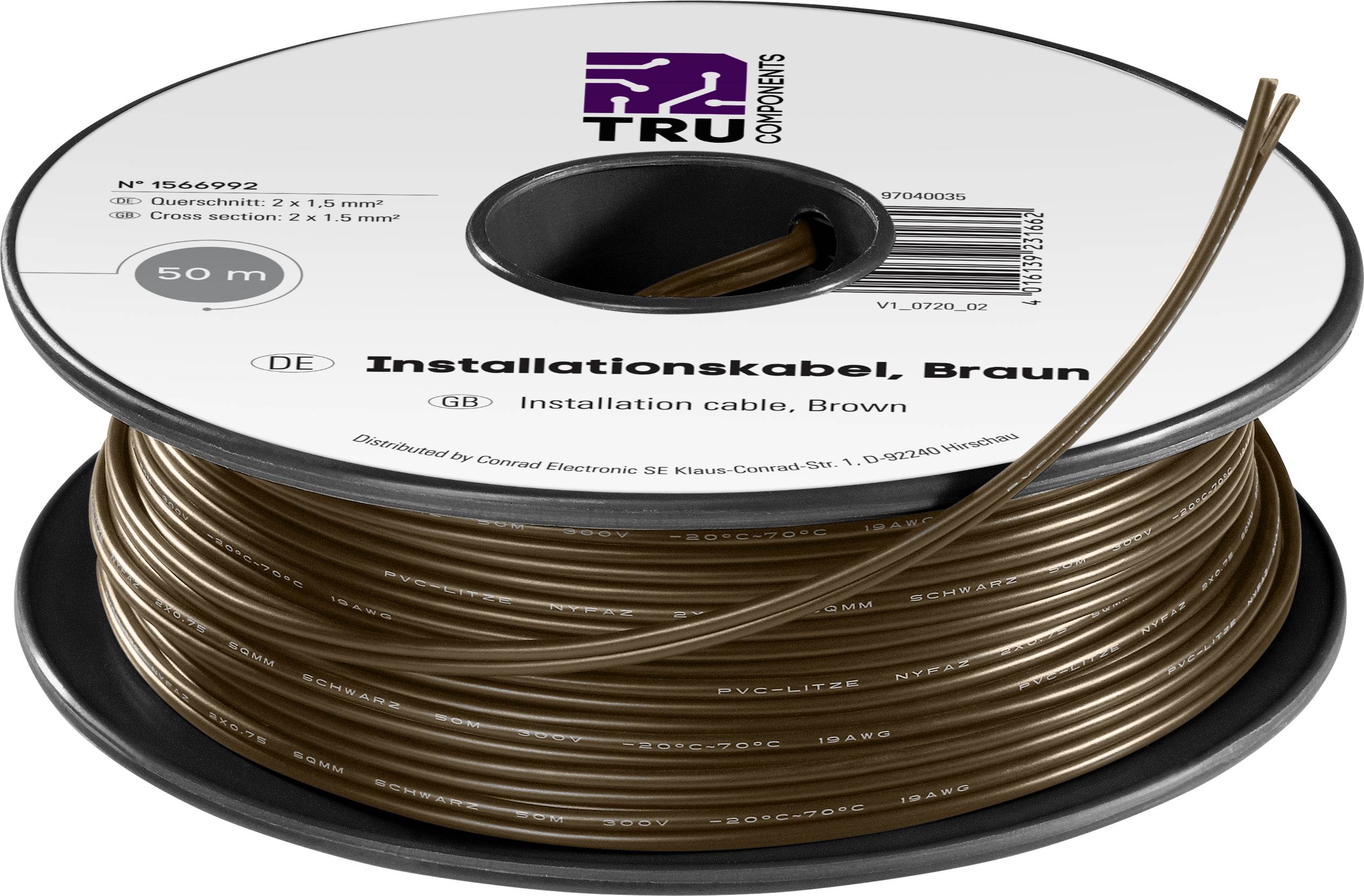 Braunes Installationskabel, 50 Meter, auf Rolle. Produktlabel zeigt Logo und Text in Deutsch und Englisch.