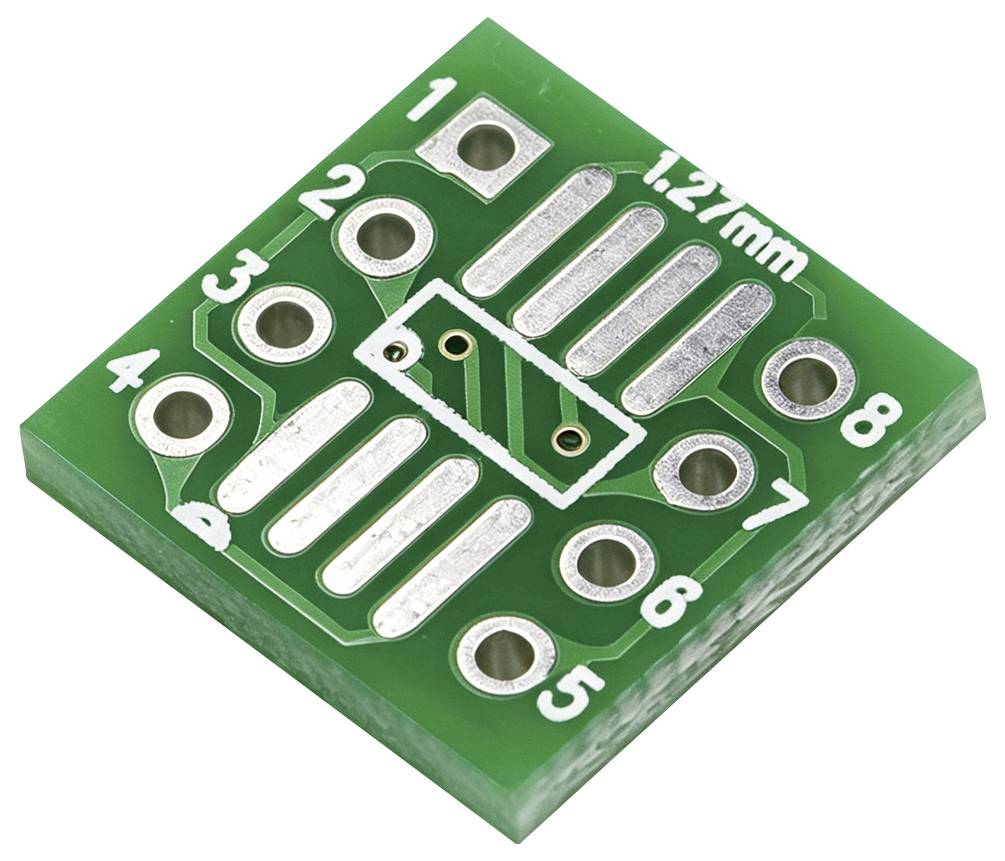 Grüne PCB-Breakout-Platine mit nummerierten Lötpads 1–8 und zentralen 12,7-mm-Montagelöchern, in Schrägansicht auf weißem Hintergrund dargestellt.