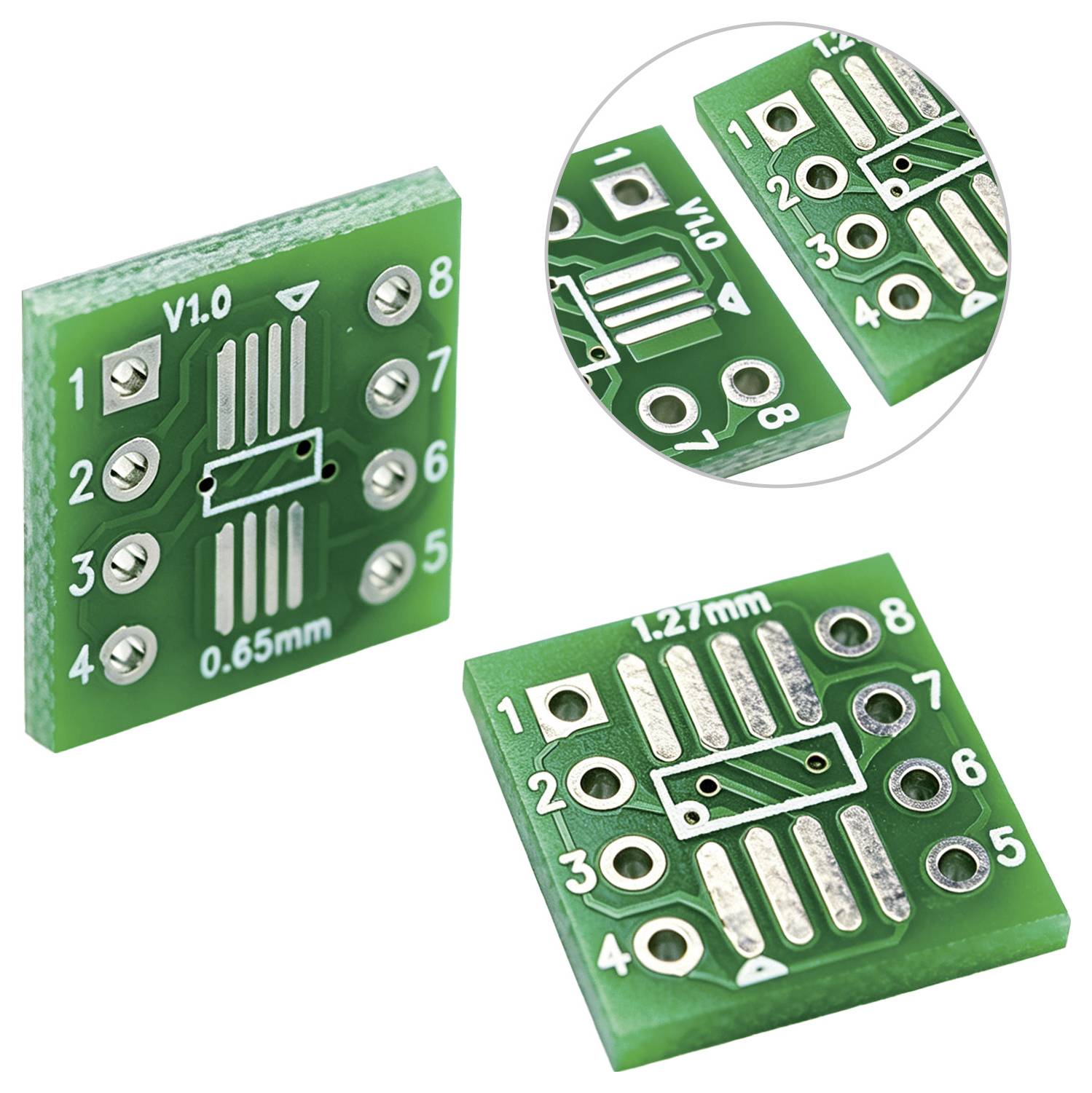Drei Ansichten eines grünen PCB-Adaptterboards mit nummerierten Lötpads und einem zentralen Chip-Footprint, bezeichnet mit V1.0, 0,65 mm und 1,27 mm.