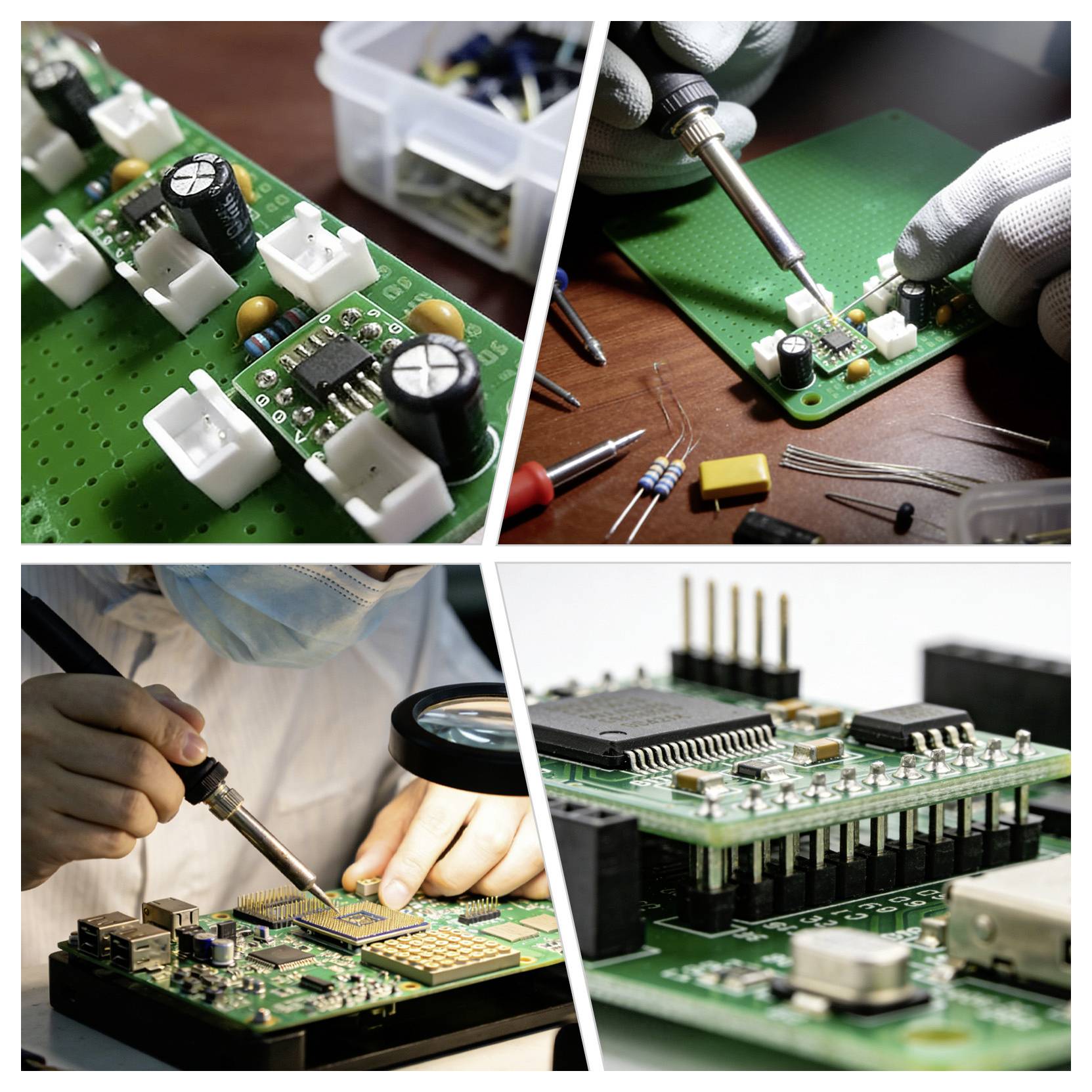 Collage aus Elektronikfertigung: Nahaufnahme von Leiterplatten mit Komponenten, eine Person beim Löten und Inspizieren einer Leiterplatte, und ein gestapeltes Mikrochip-Prototyp-Board.