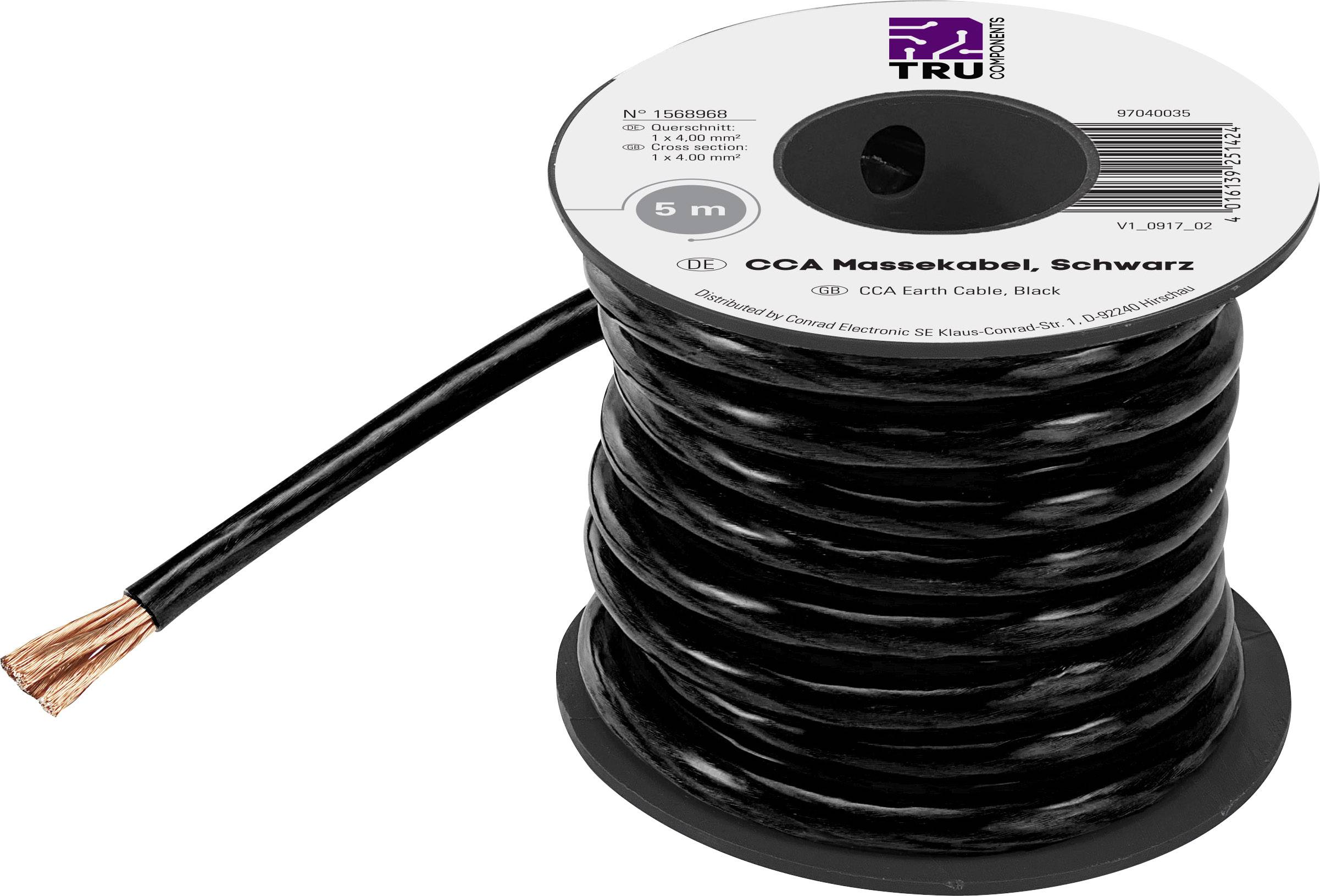 Eine Rolle schwarzes OCA-Massekabel, 5 Meter lang, Kupfer an einem Ende sichtbar. Markenlogo oben auf der Rolle.