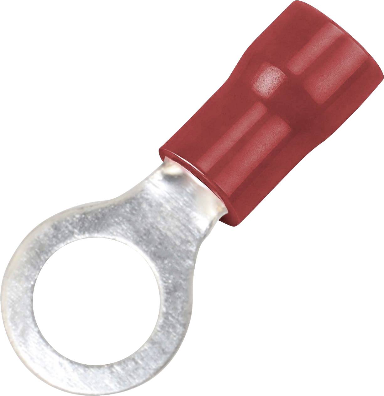 Roter isolierter Ringkabelschuh zum Verdrahten mit gepresstem Metallösen und rotem Isolierschlauch.