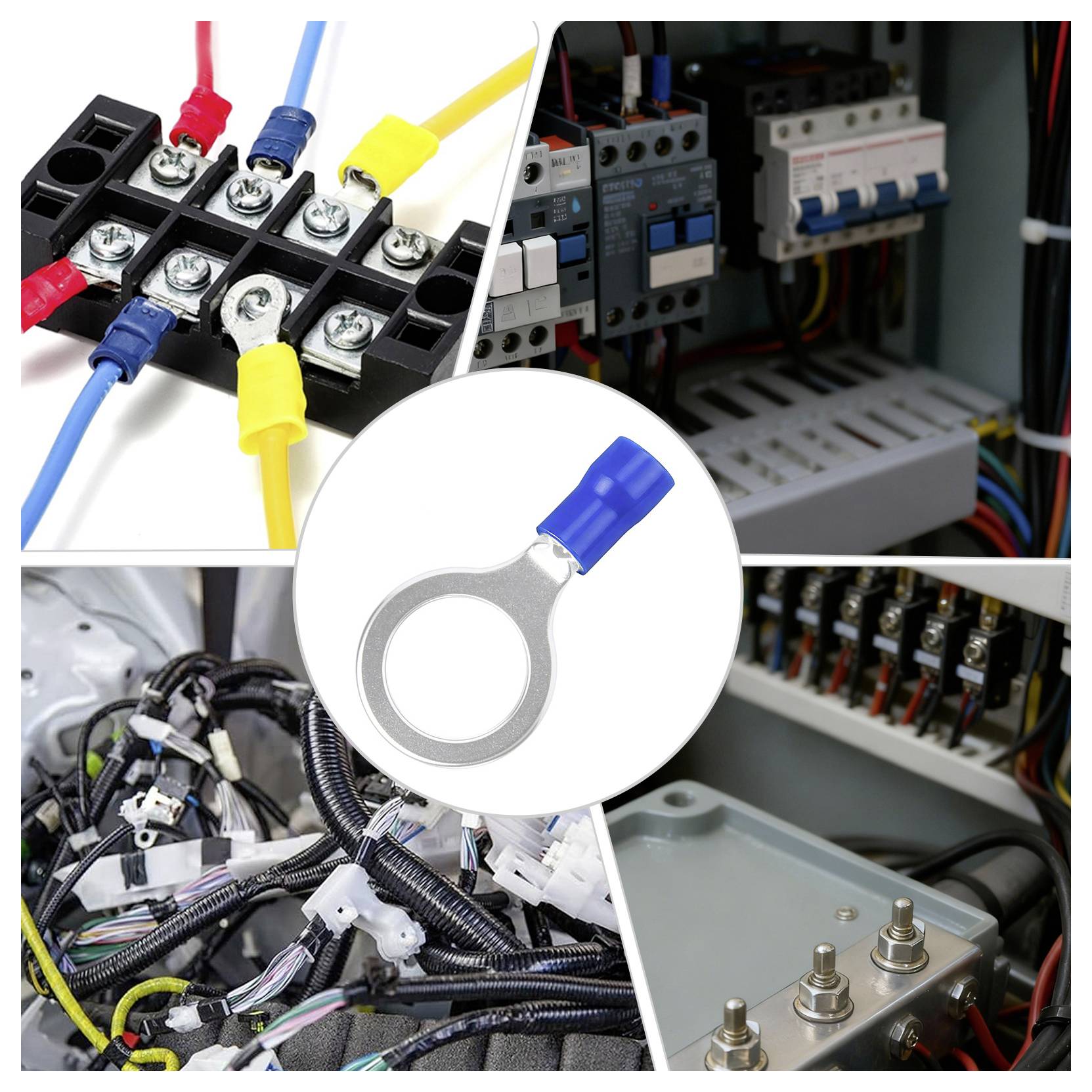 Collage von elektrischen Leitungen: farbcodierte Kabel an Klemmleisten angeschlossen, ein Ringkabelschuh und Verkabelung in Schalttafeln und Maschinen.