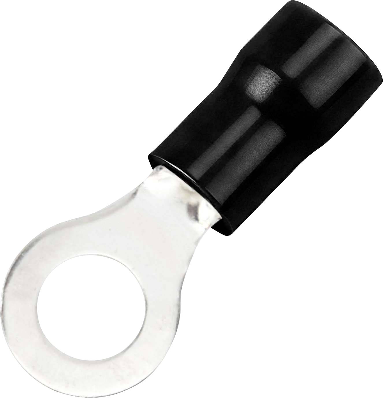 Schwarzer isolierter Ringkabelschuh-Stecker mit einer klaren Metallringöse auf weißem Hintergrund