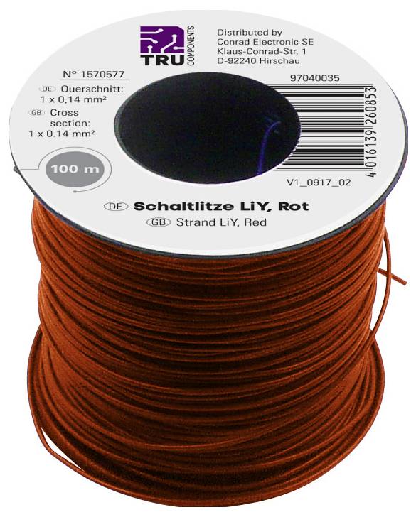 TRU Components 1570577 Litze LiY 1 x 0.14mm² Rot 100m