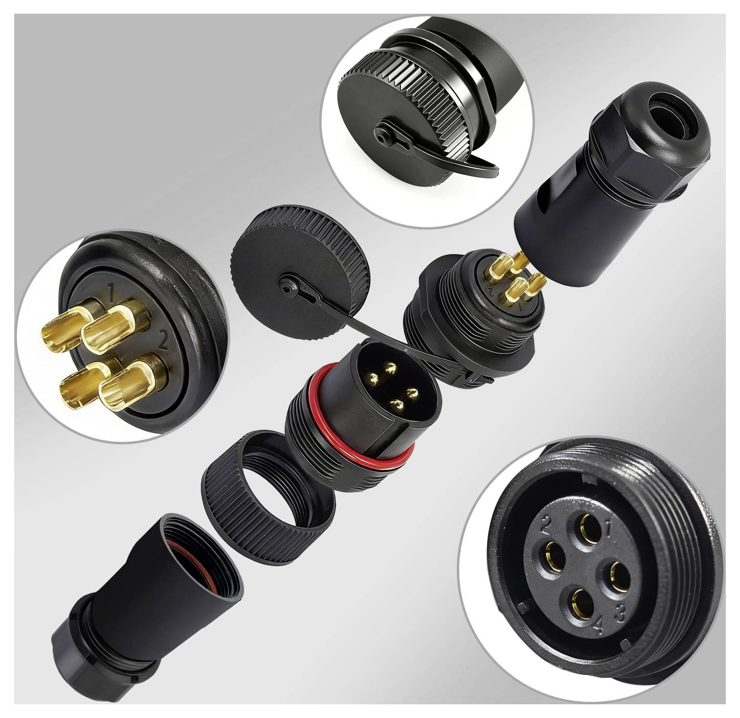 Ein schwarzes kreisförmiges Druckverbindungssystem mit vergoldeten Kontakten und verschiedenen Steckverbinderteilen, die Montage- und Verbindungsdetails zeigen.