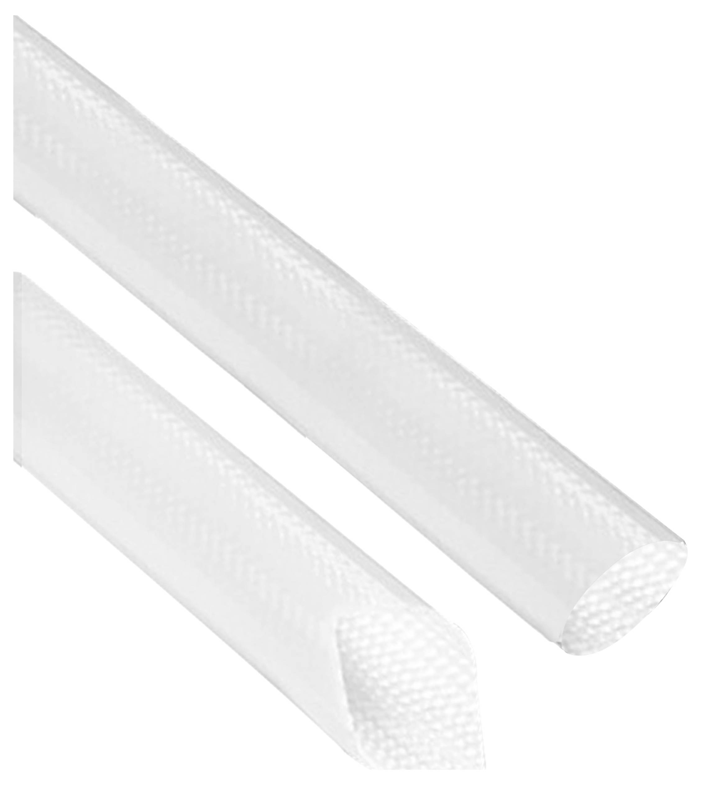 Zwei weiße Kabelschläuche, einer diagonal geschnitten, die eine gewebte Textur zeigen, verwendet zur Organisation und zum Schutz von elektrischen Kabeln.