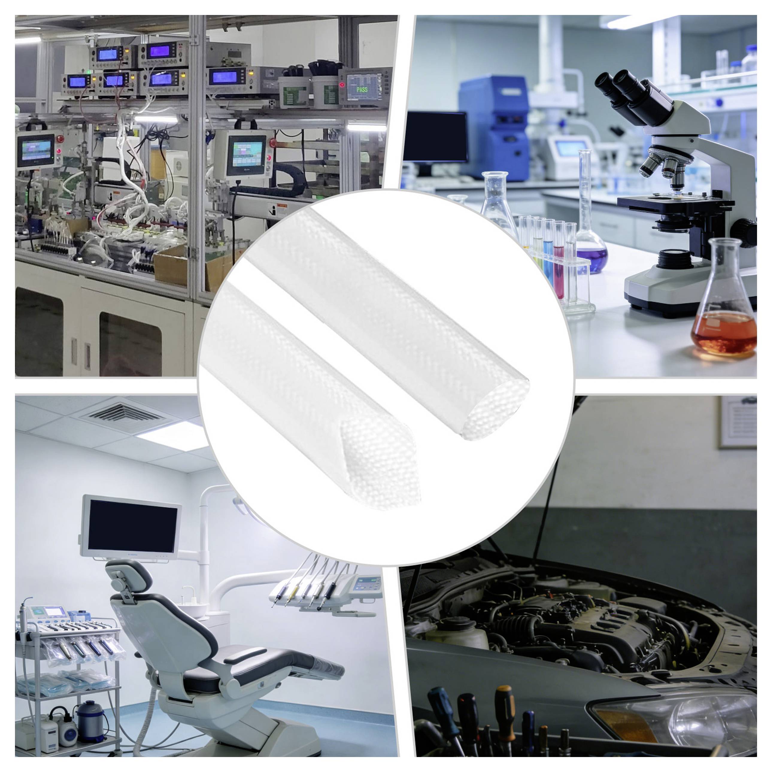 Collage von medizinischen Geräten, Labor mit Mikroskop, Zahnarztpraxis und Automotor mit Schläuchen, die vielfältige Schlauchanwendungen veranschaulichen.