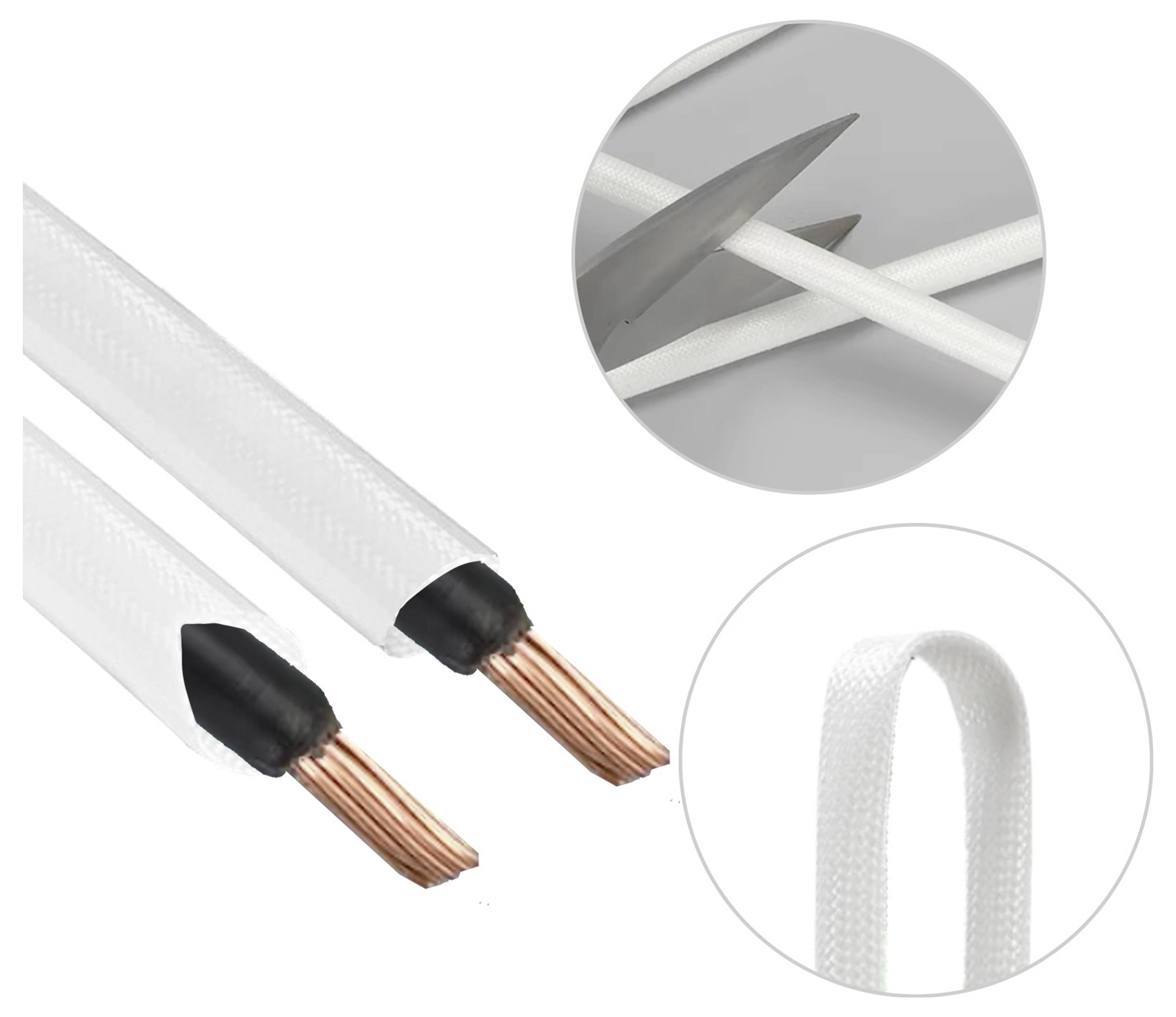 Lautsprecherkabel mit geflochtener weißer Ummantelung, an den Enden mit sichtbaren Kupferleitern und zwei Detailaufnahmen, die geschnittene und geschleifte Abschnitte zeigen.