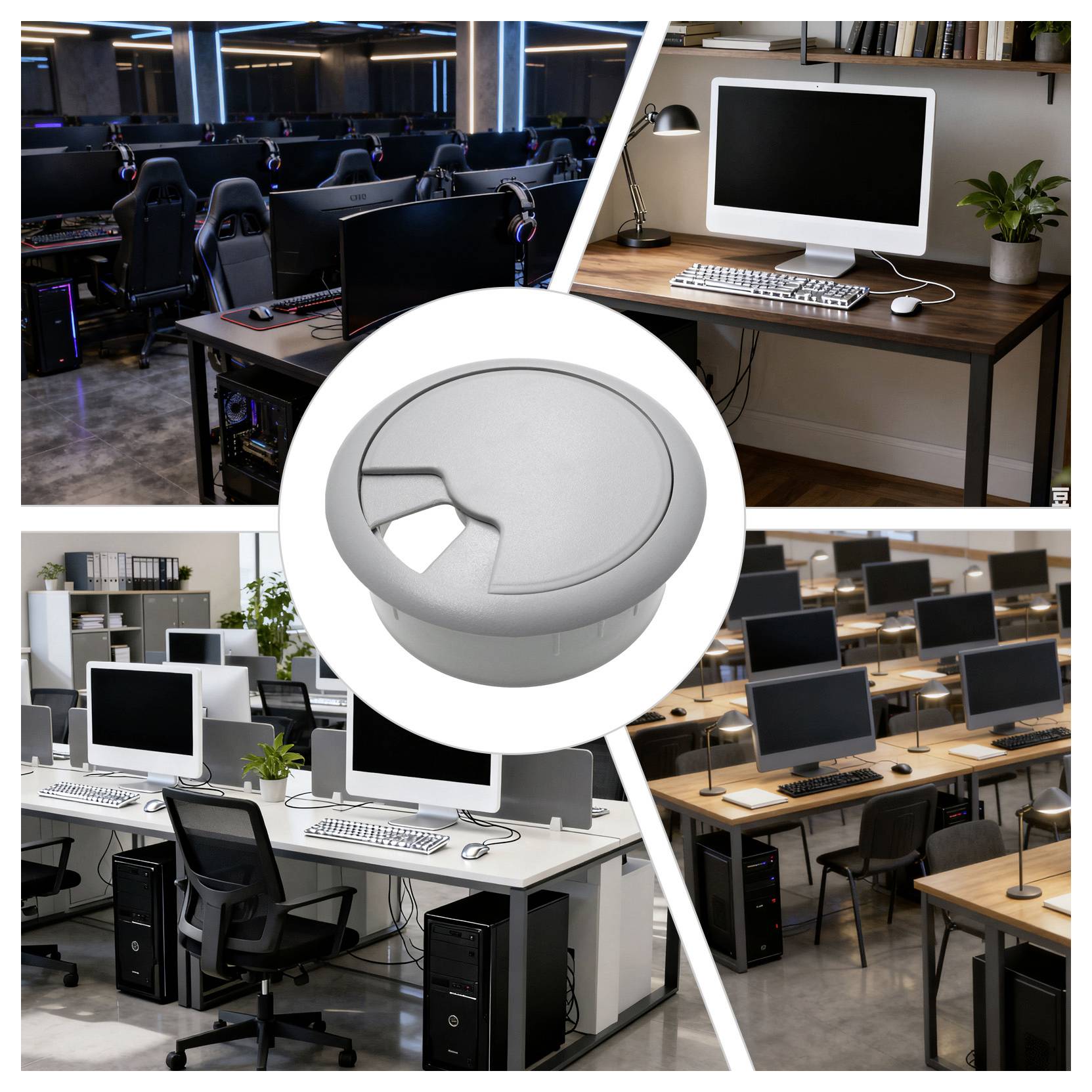 Kollage von Büroeinrichtungen: links oben Gaming-Stil-Schreibtische, rechts oben minimalistisches Setup, links unten geräumiger Arbeitsbereich, rechts unten Klassenzimmer-Anordnung, und eine runde Kabeldurchführung in der Mitte.