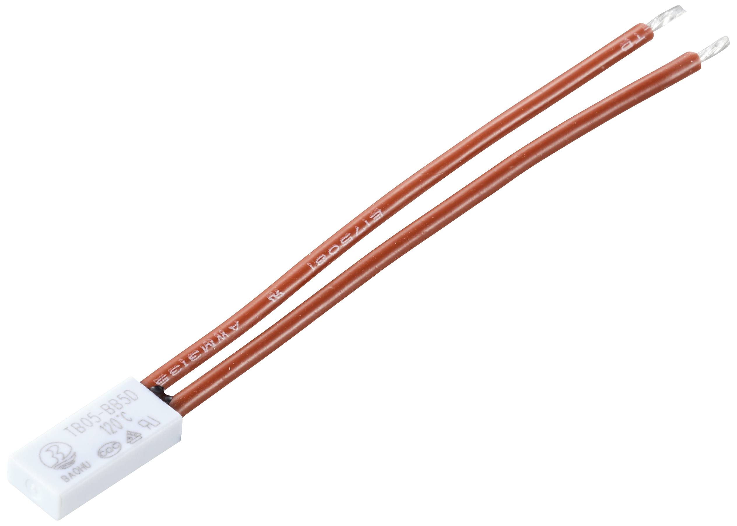 Ein weißer thermischer Schutzschalter mit rotem Kabel befestigt. Wird zur Überhitzungssicherung in elektrischen Geräten verwendet.