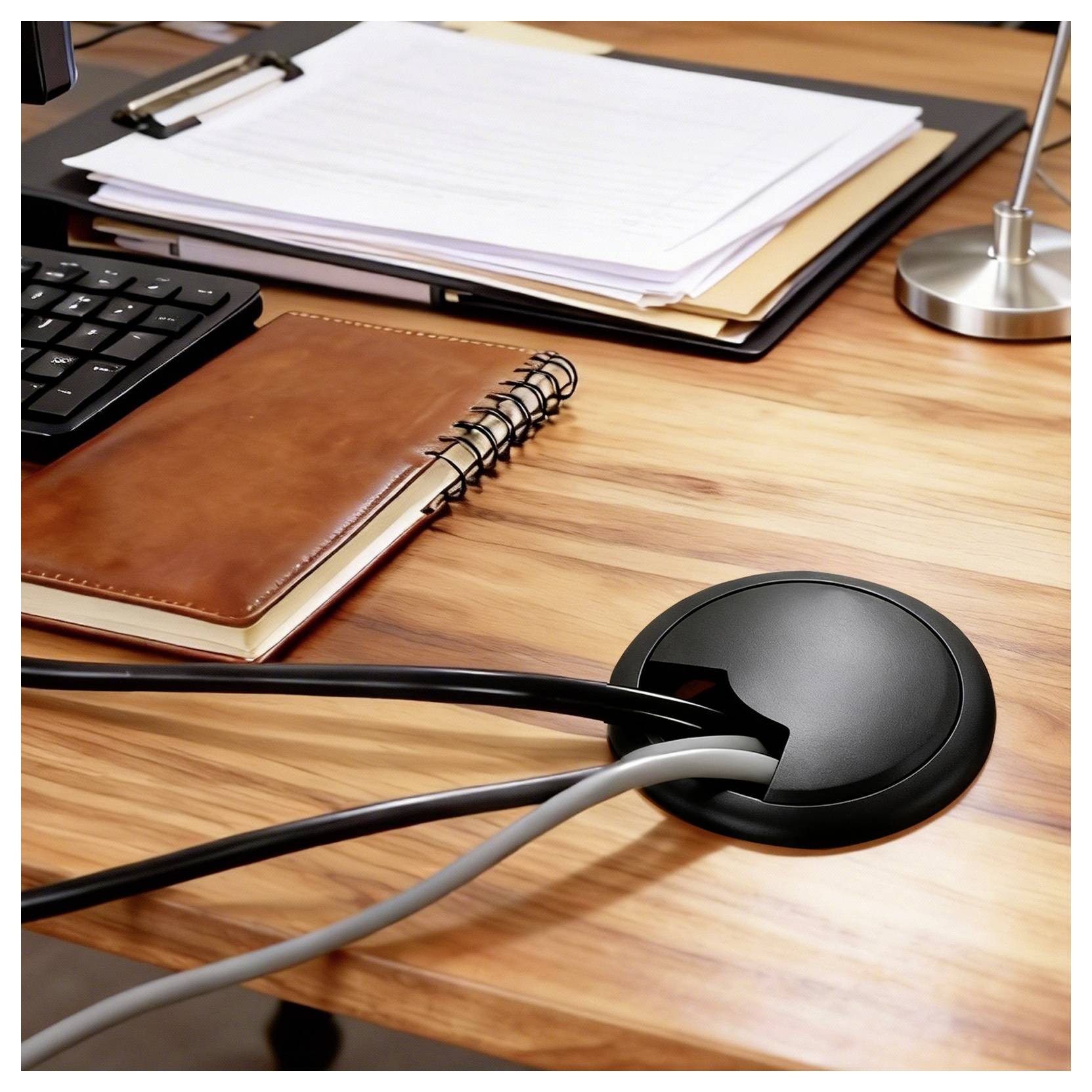 Ein hölzerner Schreibtisch mit einem Notizbuch, einem Stapel Papiere, einer Lampe, einer Tastatur und Kabeln, die durch eine schwarze Schreibtisch-Kabeldurchführung organisiert sind.