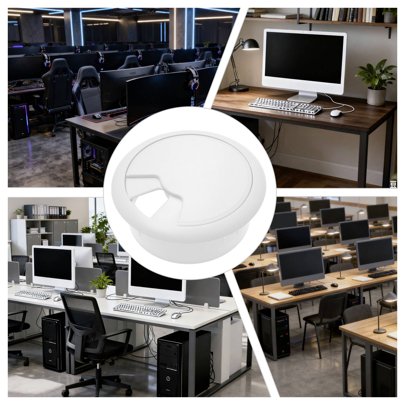 Vier Büro-Einrichtungen: moderne Gaming-Schreibtische mit LED-Beleuchtung, ein schlanker Einzelschreibtisch mit einer Pflanze, ein gemeinsam genutzter Arbeitsbereich und eine Klassenzimmerumgebung.
